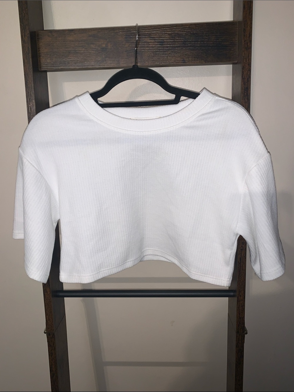 White Cropped Waffle-Knit Short Sleeve Top